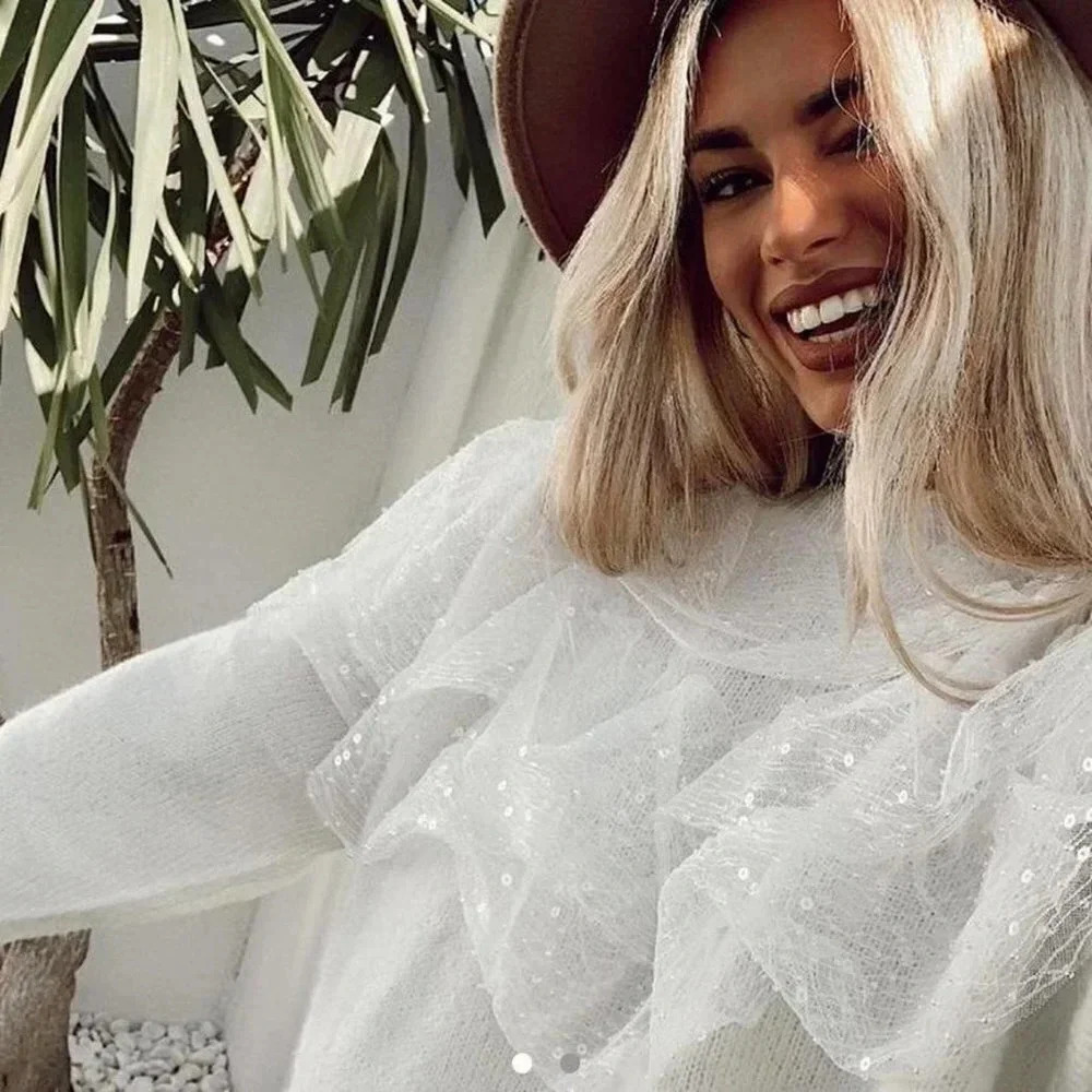 Zara Sequin Ruffle Crew Neck Oversized Sweater